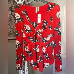 NWT Anthropologie Red Floral Long Sleeve Blouse